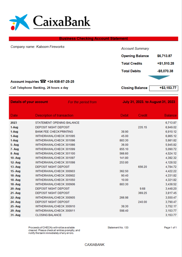 Modèle Word et PDF de relevé bancaire de la société CAIXABANK